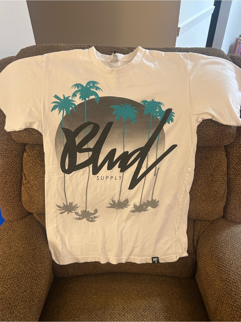 BLVD White Tee with Teal Palm Graphic